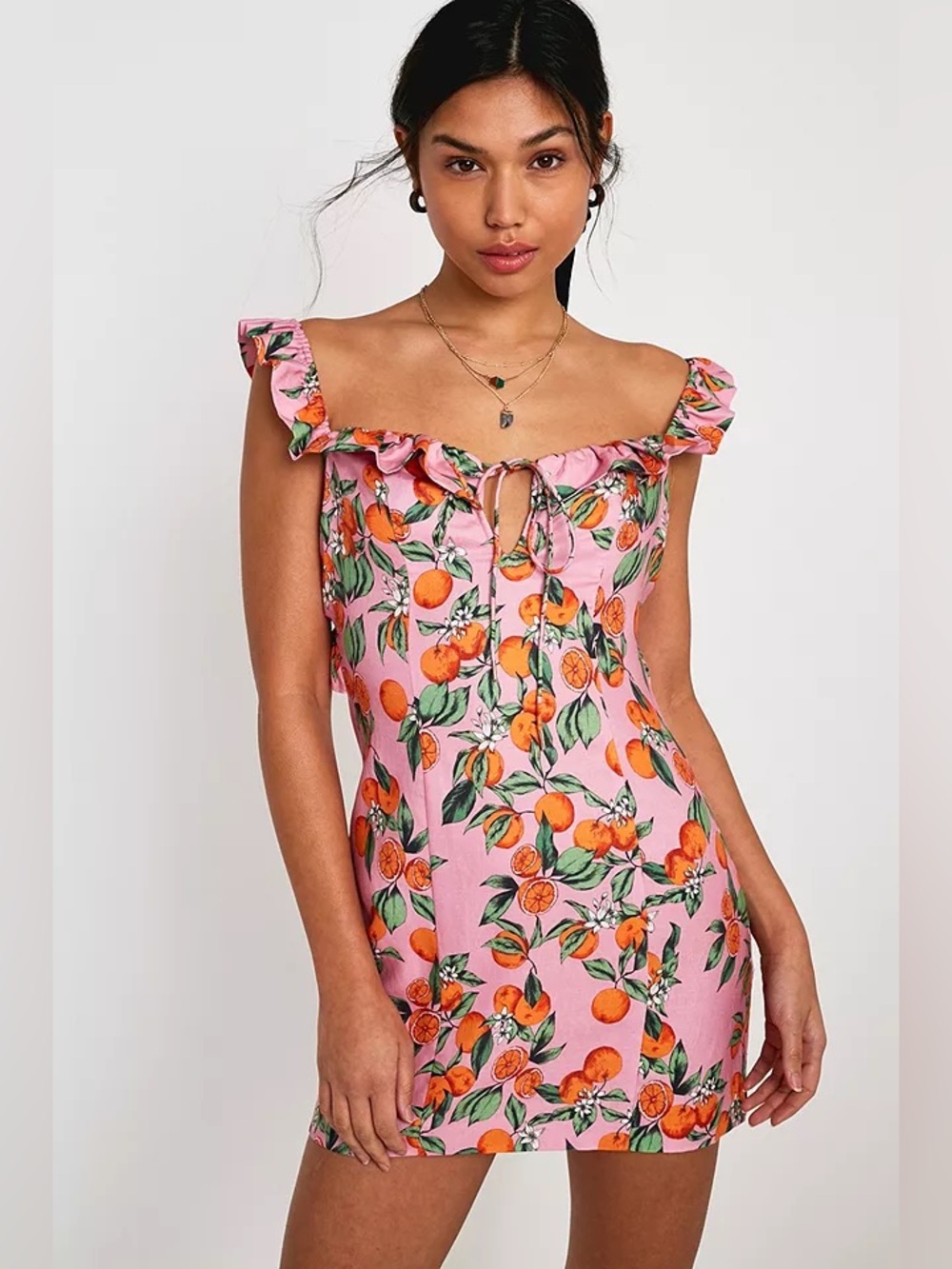 FINDERS KEEPERS Aranciata Ruffle Tie-Back Mini Dress Pink Citrus Linen Small